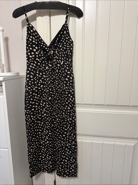 Francesca's Collections Black Midi Slip Dress with Beige Spot Print